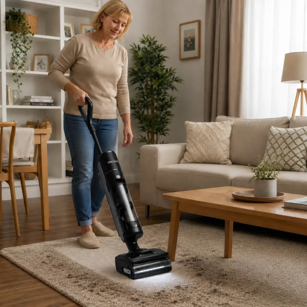 Vacuza vacuums, washes and dries a spill in one pass